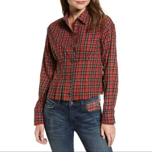 Current Elliott Tella Button Down Shirt Plaid Tartan Red Fitted Cropped Size 2